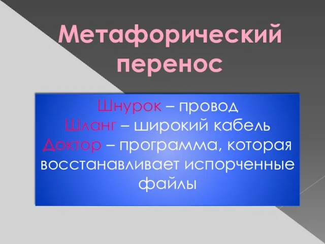 Метафорический перенос Шнурок – провод Шланг – широкий кабель Доктор – программа, которая восстанавливает испорченные файлы