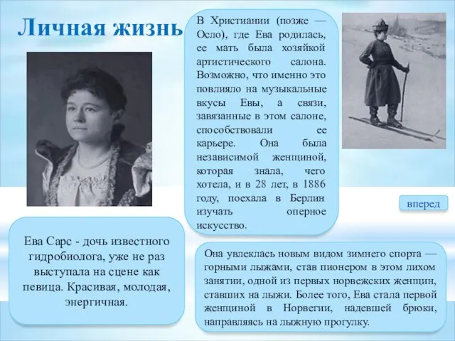 Личная жизнь Ева Сарс - дочь известного гидробиолога, уже не раз выступала