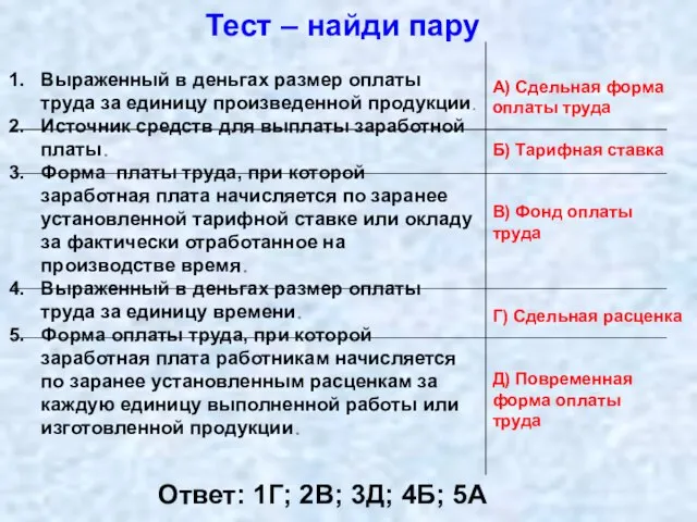 Тест – найди пару Ответ: 1Г; 2В; 3Д; 4Б; 5А