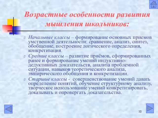 Возрастные особенности развития мышления школьников: Начальные классы – формирование основных приемов умственной