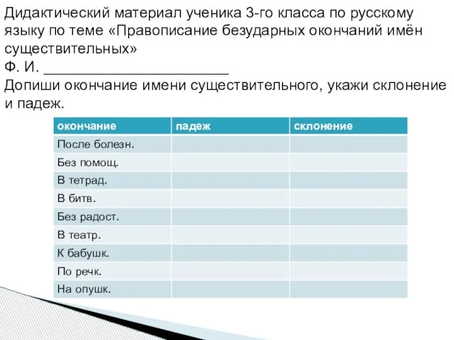 Дидактический материал ученика 3-го класса по русскому языку по теме «Правописание безударных