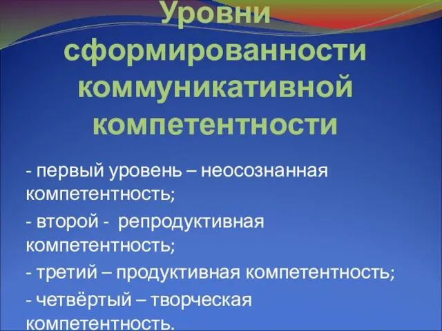 Уровни сформированности коммуникативной компетентности - первый уровень – неосознанная компетентность; - второй