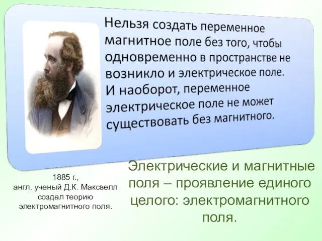 1885 г., англ. ученый Д.К. Максвелл создал теорию электромагнитного поля. Электрические и