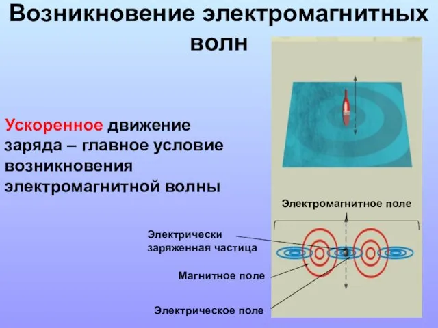 Возникновение электромагнитных волн Ускоренное движение заряда – главное условие возникновения электромагнитной волны