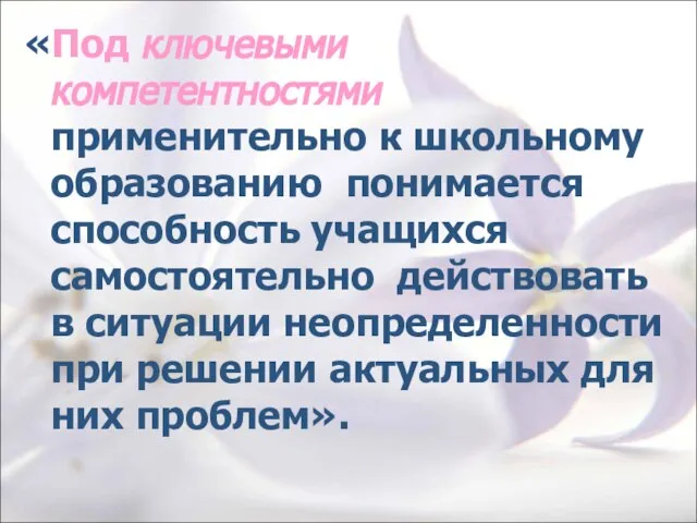 «Под ключевыми компетентностями применительно к школьному образованию понимается способность учащихся самостоятельно действовать