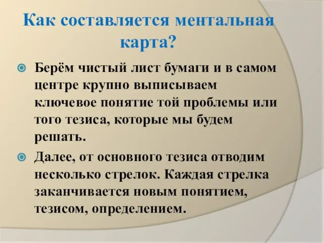 Как составляется ментальная карта? Берём чистый лист бумаги и в самом центре