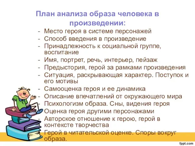 План анализа образа человека в произведении: Место героя в системе персонажей Способ