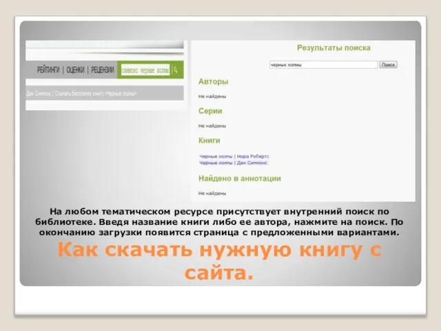 На любом тематическом ресурсе присутствует внутренний поиск по библиотеке. Введя название книги