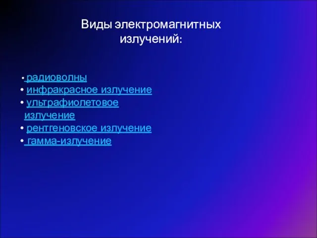 Виды электромагнитных излучений: радиоволны инфракрасное излучение ультрафиолетовое излучение рентгеновское излучение гамма-излучение