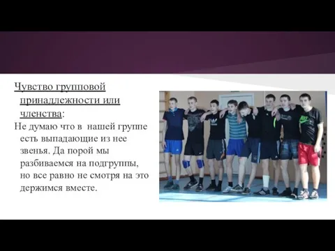 Чувство групповой принадлежности или членства: Не думаю что в нашей группе есть