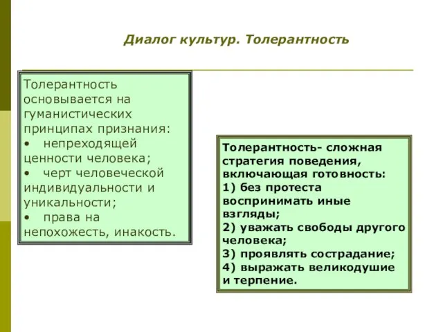 Диалог культур. Толерантность Толерантность основывается на гуманистических принципах признания: • непреходящей ценности