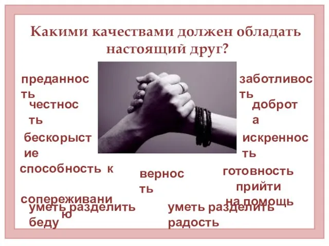 Какими качествами должен обладать настоящий друг? преданность честность бескорыстие способность к сопереживанию