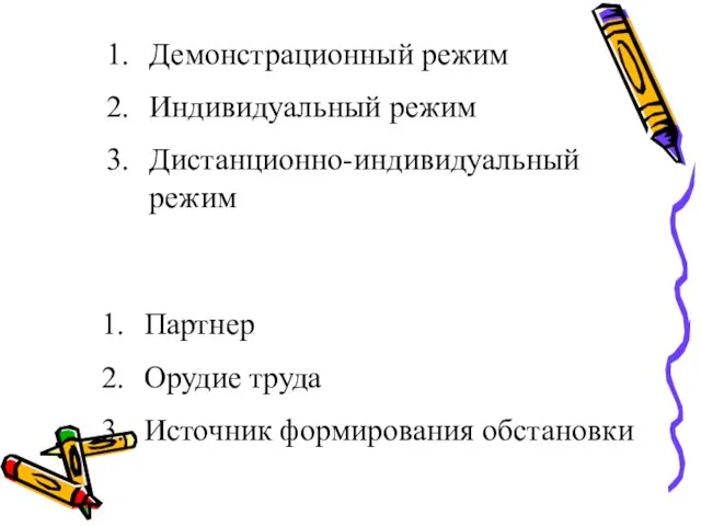 Демонстрационный режим Индивидуальный режим Дистанционно-индивидуальный режим Партнер Орудие труда Источник формирования обстановки