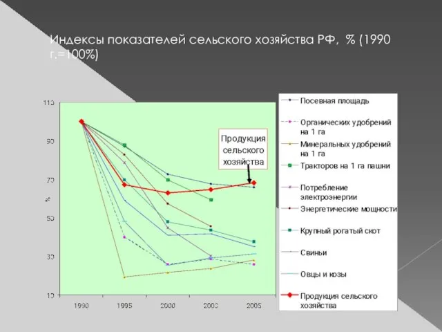 Индексы показателей сельского хозяйства РФ, % (1990 г.=100%)