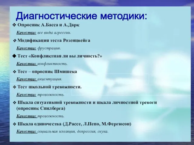 Диагностические методики: Опросник А.Басса и А.Дарк Качества: все виды агрессии. Модификация теста