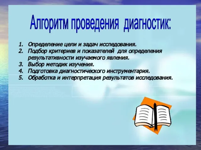 Алгоритм проведения диагностик: Определение цели и задач исследования. Подбор критериев и показателей