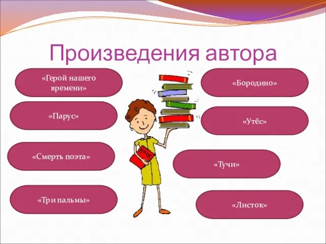 Произведения автора «Герой нашего времени» «Парус» «Утёс» «Бородино» «Смерть поэта» «Листок» «Три пальмы» «Тучи»