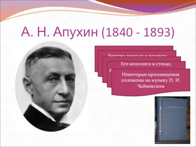 А. Н. Апухин (1840 - 1893) Родился в небогатой дворянской семье Детство