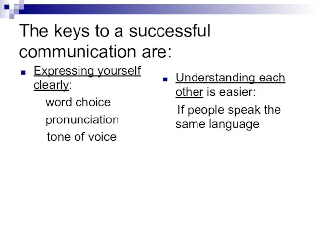 The keys to a successful communication are: Expressing yourself clearly: word choice