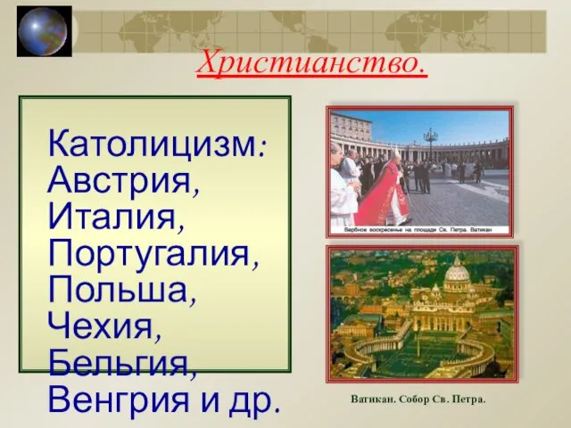 Христианство. Католицизм: Австрия, Италия, Португалия, Польша, Чехия, Бельгия, Венгрия и др. Ватикан. Собор Св. Петра.