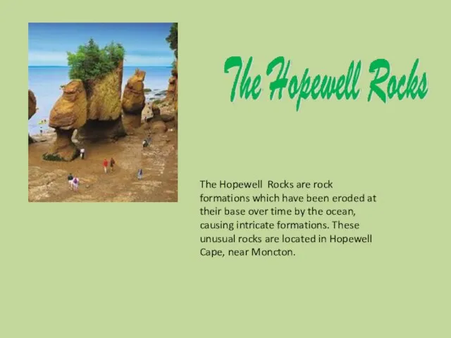 The Hopewell Rocks are rock formations which have been eroded at their