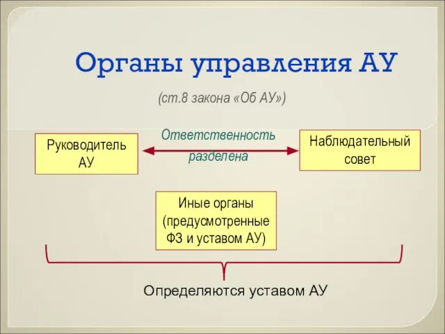 Органы управления АУ (ст.8 закона «Об АУ») Руководитель АУ Наблюдательный совет Иные