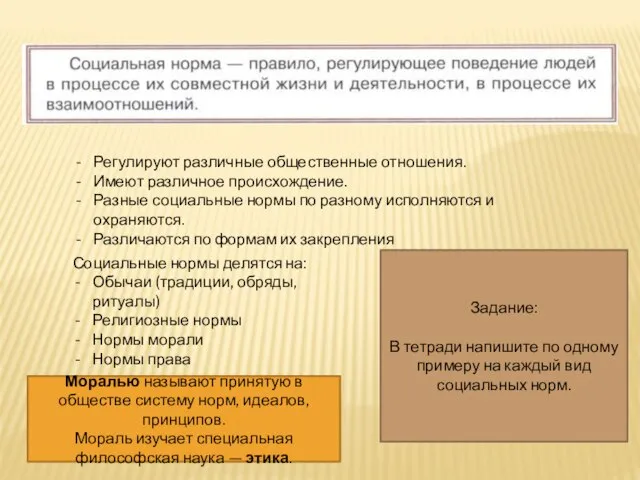 Регулируют различные общественные отношения. Имеют различное происхождение. Разные социальные нормы по разному