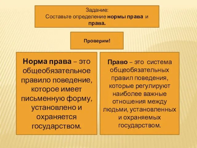 Задание: Составьте определение нормы права и права. Проверим! Норма права – это