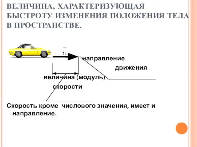 СКОРОСТЬ – ВЕКТОРНАЯ ФИЗИЧЕСКАЯ ВЕЛИЧИНА, ХАРАКТЕРИЗУЮЩАЯ БЫСТРОТУ ИЗМЕНЕНИЯ ПОЛОЖЕНИЯ ТЕЛА В ПРОСТРАНСТВЕ.