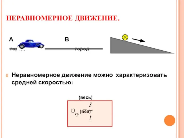 НЕРАВНОМЕРНОЕ ДВИЖЕНИЕ. А В город город Неравномерное движение можно характеризовать средней скоростью: (весь) (все)