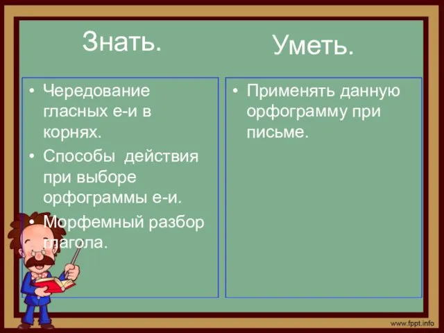 Знать. Чередование гласных е-и в корнях. Способы действия при выборе орфограммы е-и.