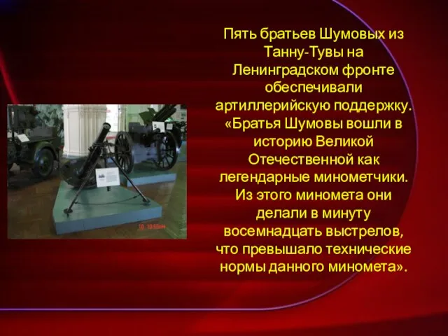 Пять братьев Шумовых из Танну-Тувы на Ленинградском фронте обеспечивали артиллерийскую поддержку. «Братья