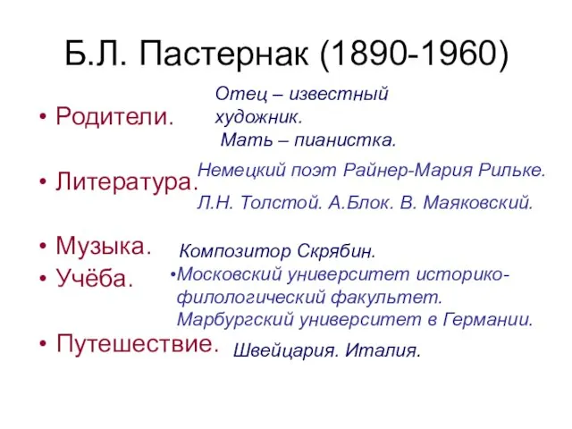 Б.Л. Пастернак (1890-1960) Родители. Литература. Музыка. Учёба. Путешествие. Отец – известный художник.