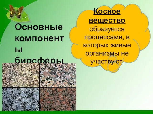 Основные компоненты биосферы Косное вещество образуется процессами, в которых живые организмы не участвуют.