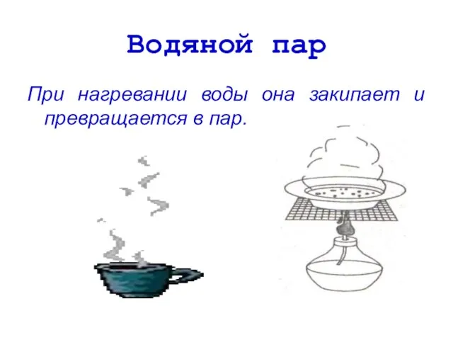 Водяной пар При нагревании воды она закипает и превращается в пар.