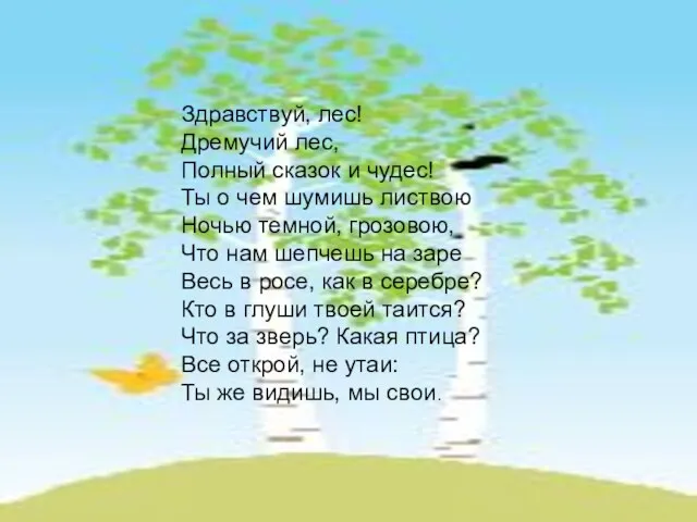 Здравствуй, лес! Дремучий лес, Полный сказок и чудес! Ты о чем шумишь