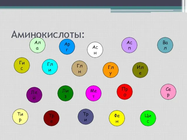 Аминокислоты: Ала Арг Асн Асп Вал Гис Гли Глн Глу Иле Лей