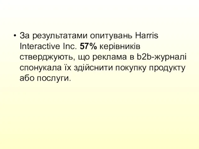 За результатами опитувань Harris Interactive Inc. 57% керівників стверджують, що реклама в