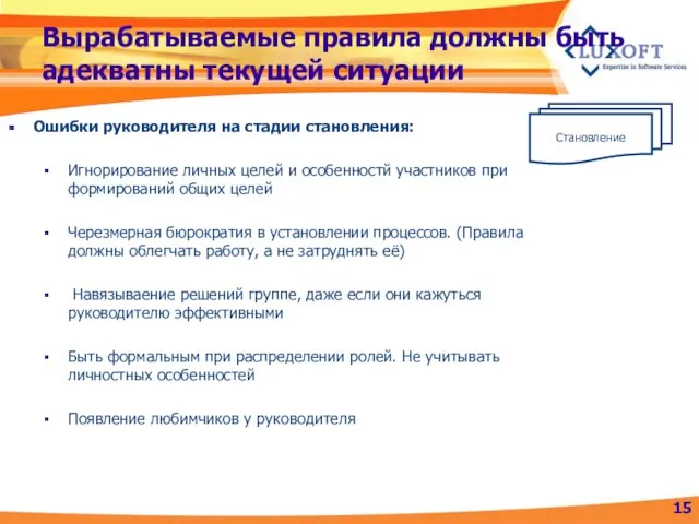 Вырабатываемые правила должны быть адекватны текущей ситуации Ошибки руководителя на стадии становления: