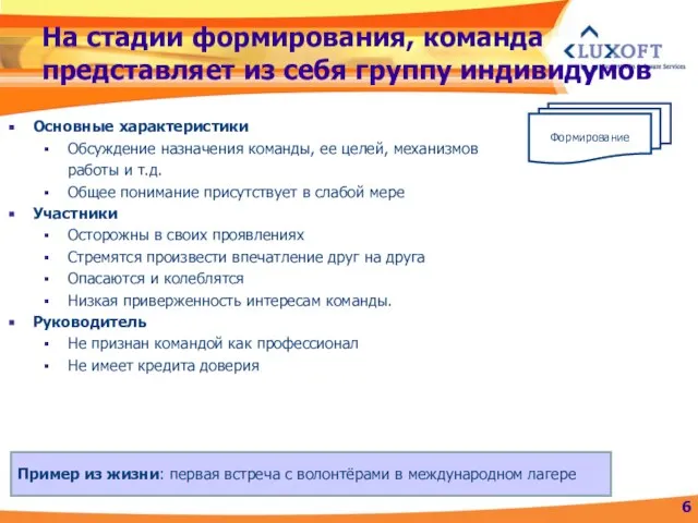 На стадии формирования, команда представляет из себя группу индивидумов Основные характеристики Обсуждение