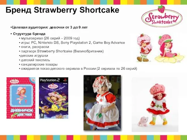 Бренд Strawberry Shortcake Целевая аудитория: девочки от 3 до 9 лет Структура