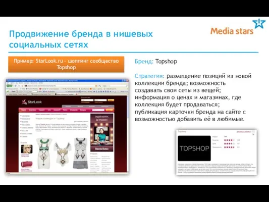 Продвижение бренда в нишевых социальных сетях Пример: StarLook.ru – шоппинг сообщество Topshop
