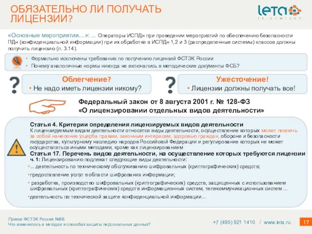 ОБЯЗАТЕЛЬНО ЛИ ПОЛУЧАТЬ ЛИЦЕНЗИИ? +7 (495) 921 1410 / www.leta.ru Формально исключены