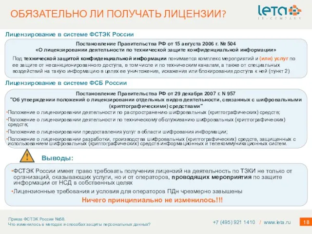 ОБЯЗАТЕЛЬНО ЛИ ПОЛУЧАТЬ ЛИЦЕНЗИИ? +7 (495) 921 1410 / www.leta.ru Мероприятия по