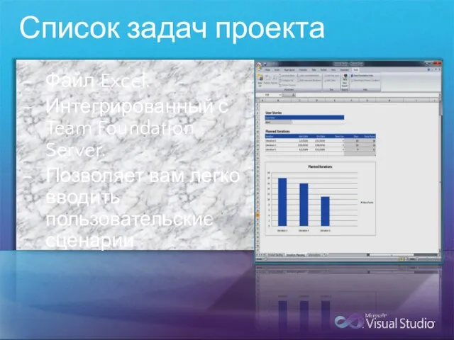 Список задач проекта Файл Excel. Интегрированный с Team Foundation Server. Позволяет вам легко вводить пользовательские сценарии