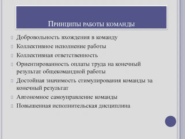 Принципы работы команды Добровольность вхождения в команду Коллективное исполнение работы Коллективная ответственность