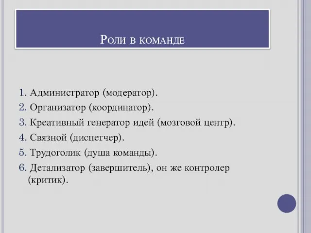 Роли в команде 1. Администратор (модератор). 2. Организатор (координатор). 3. Креативный генератор