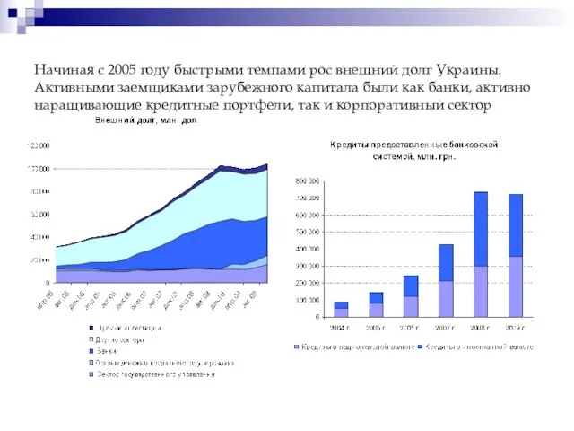 Начиная с 2005 году быстрыми темпами рос внешний долг Украины. Активными заемщиками