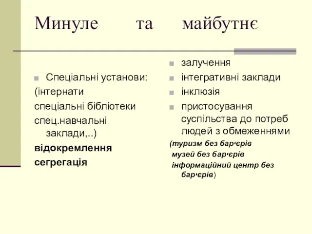 Минуле та майбутнє Спеціальні установи: (інтернати спеціальні бібліотеки спец.навчальні заклади,..) відокремлення сегрегація