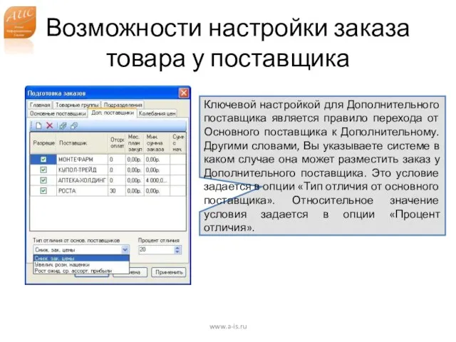 Возможности настройки заказа товара у поставщика www.a-is.ru Ключевой настройкой для Дополнительного поставщика